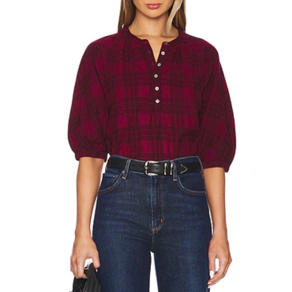 NATION LTD May Puff Sleeve Top Party Plaid Flannel Berry Red Size XL Extra Large